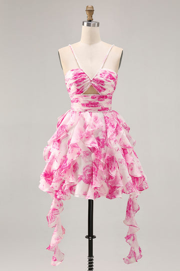 White Fuchsia Flower Halter Tiered Printed Homecoming Dress